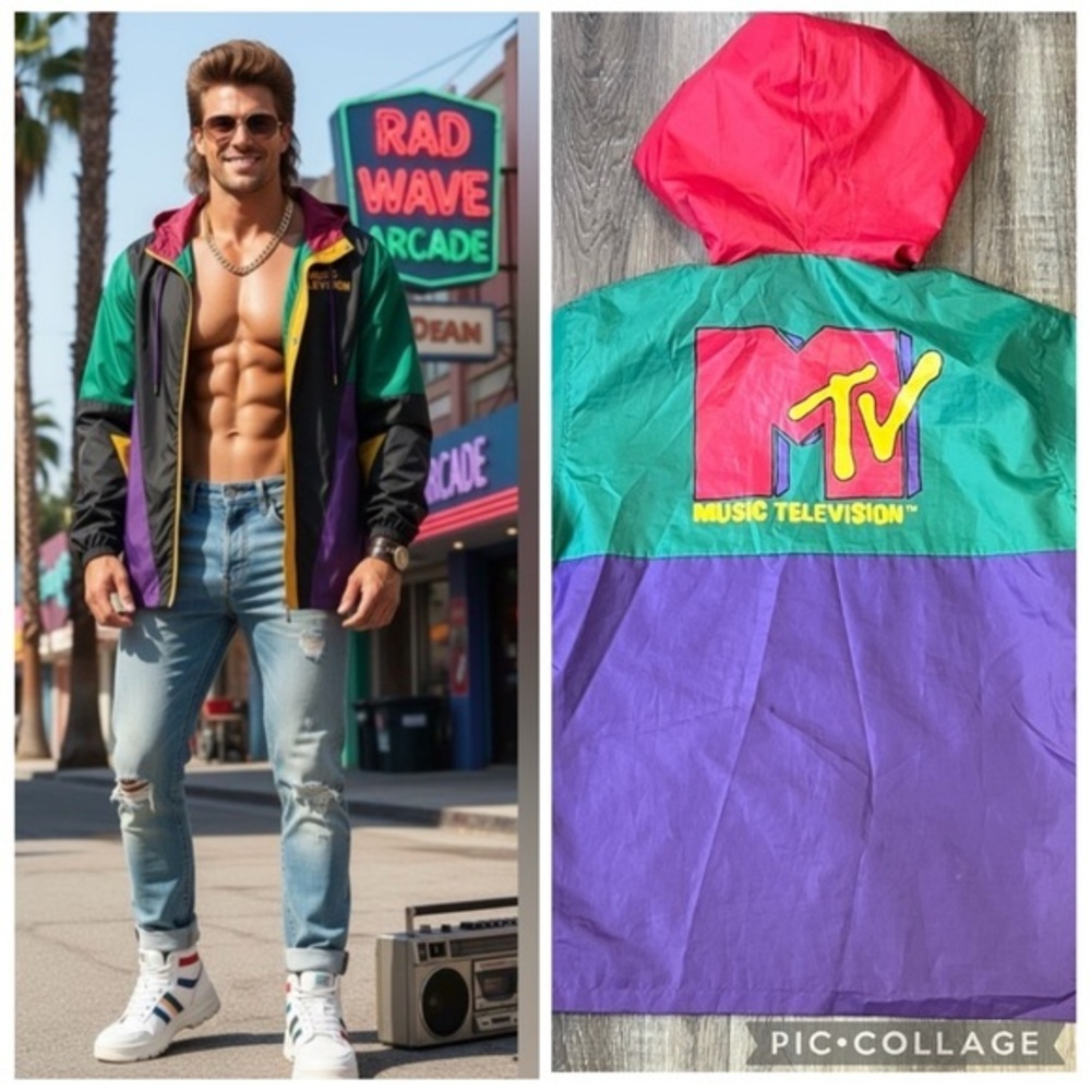 NEW MTV 80’s Replica Retro Logo Windbreaker Lightweight Colorful Jacket w Hood